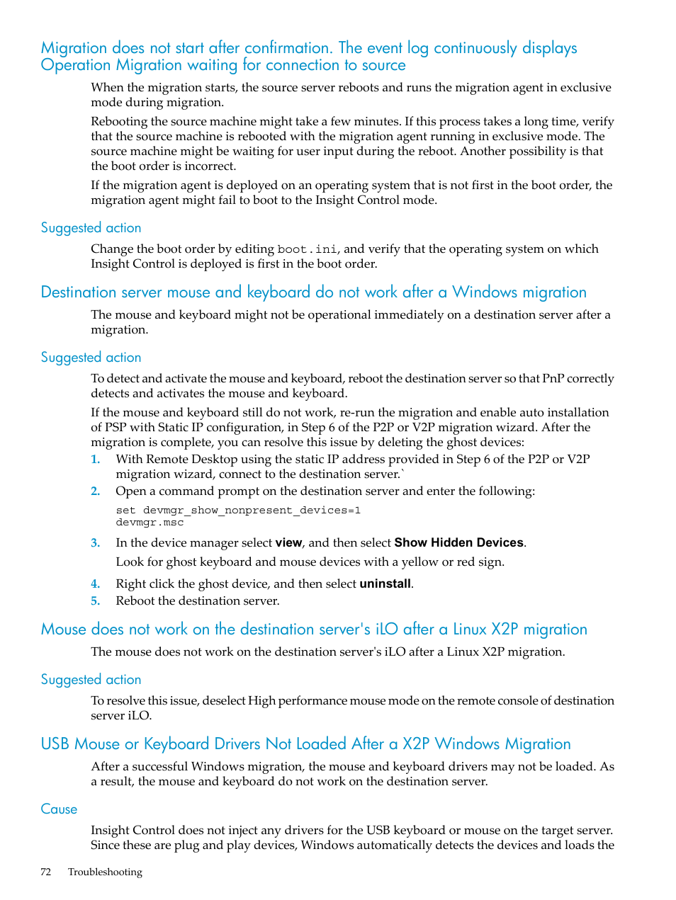 Suggested action, Cause | HP Insight Control User Manual | Page 72 / 94