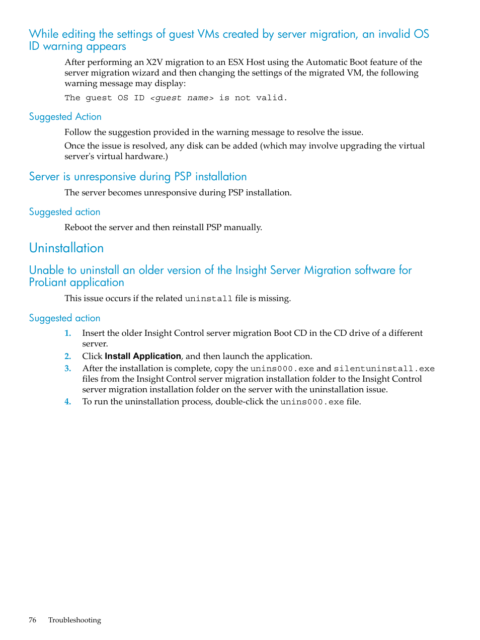 Suggested action, Server is unresponsive during psp installation, Uninstallation | HP Insight Control User Manual | Page 76 / 94