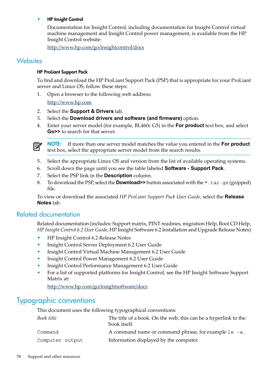 Websites, Related documentation, Typographic conventions | Websites related documentation | HP Insight Control User Manual | Page 78 / 94