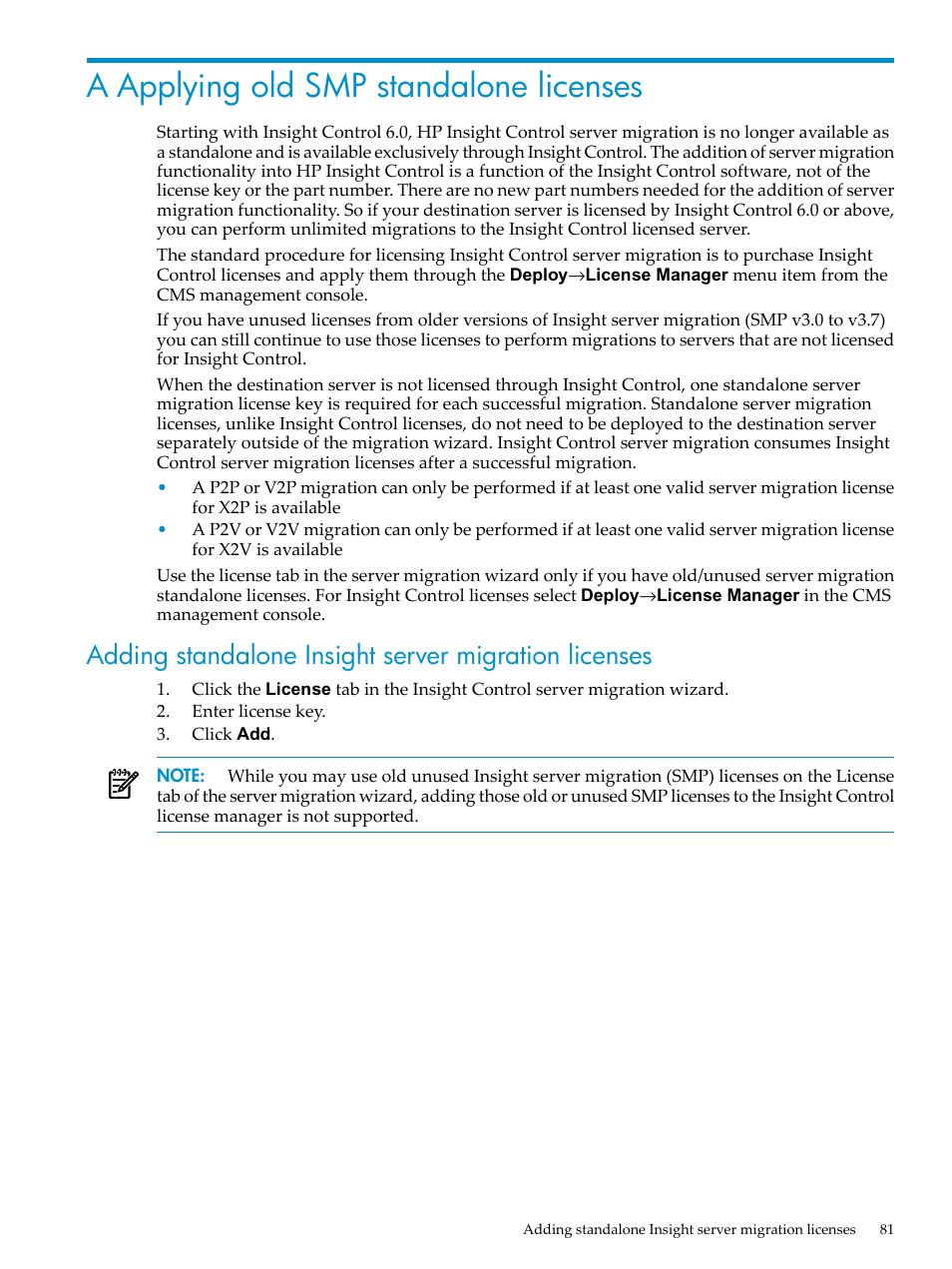 A applying old smp standalone licenses, Appendix a: “applying | HP Insight Control User Manual | Page 81 / 94