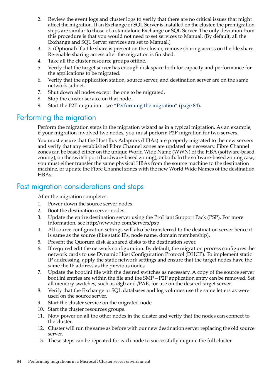 Performing the migration, Post migration considerations and steps | HP Insight Control User Manual | Page 84 / 94