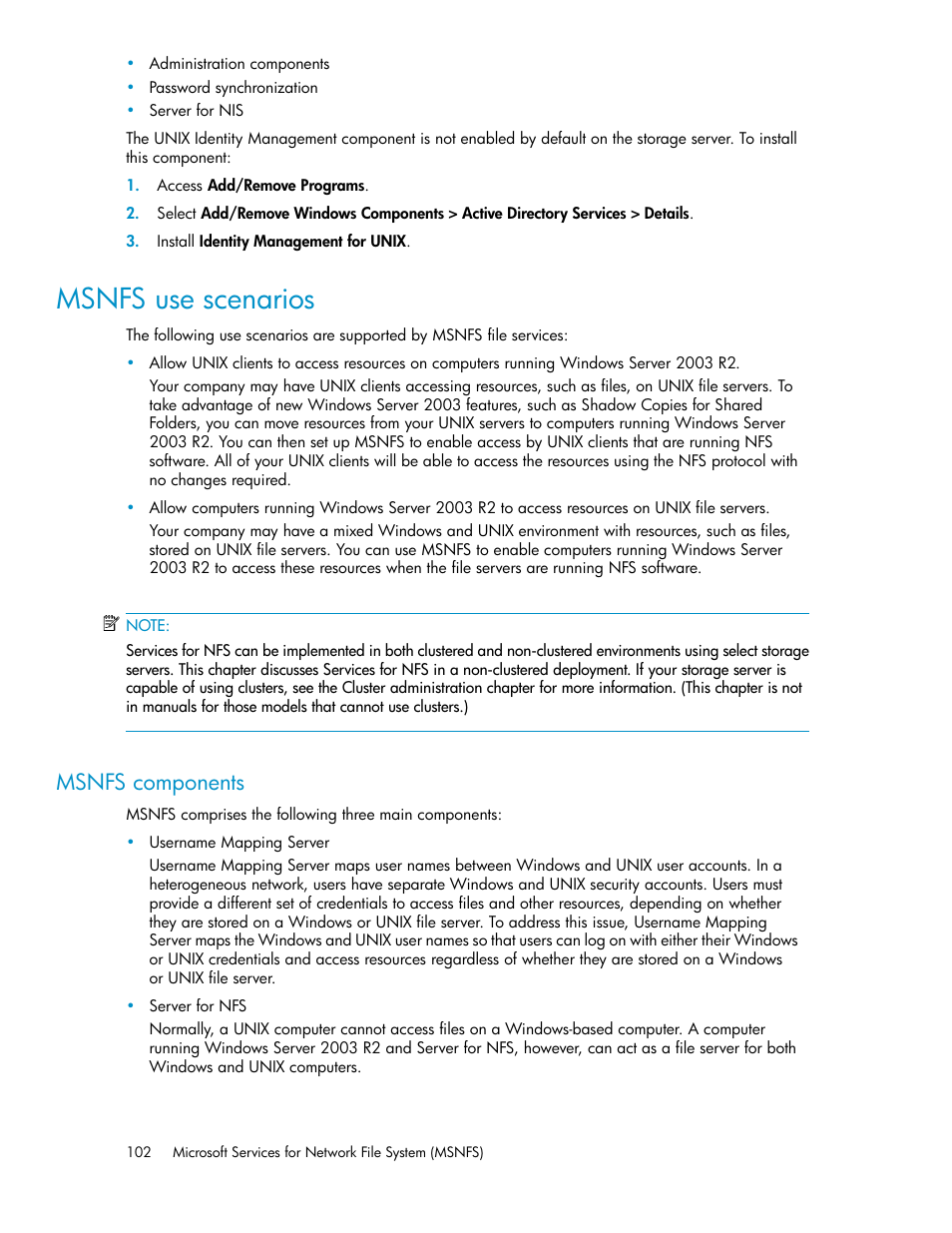 Msnfs use scenarios, Msnfs components | HP ProLiant DL160 G5 Storage-Server User Manual | Page 102 / 174