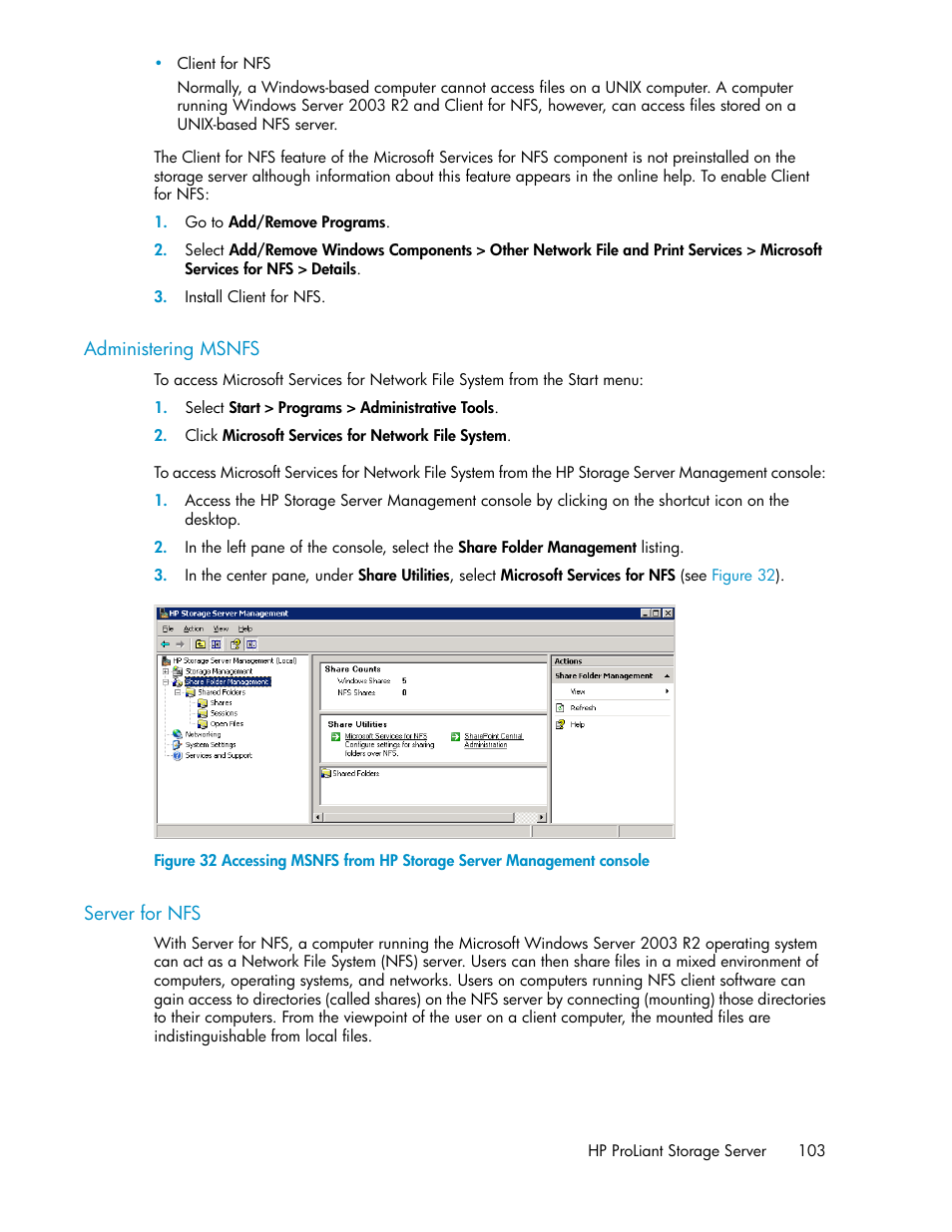 Administering msnfs, Server for nfs, 103 server for nfs | HP ProLiant DL160 G5 Storage-Server User Manual | Page 103 / 174