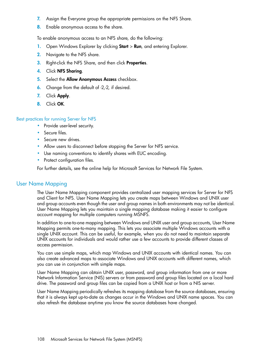 Best practices for running server for nfs, User name mapping | HP ProLiant DL160 G5 Storage-Server User Manual | Page 108 / 174