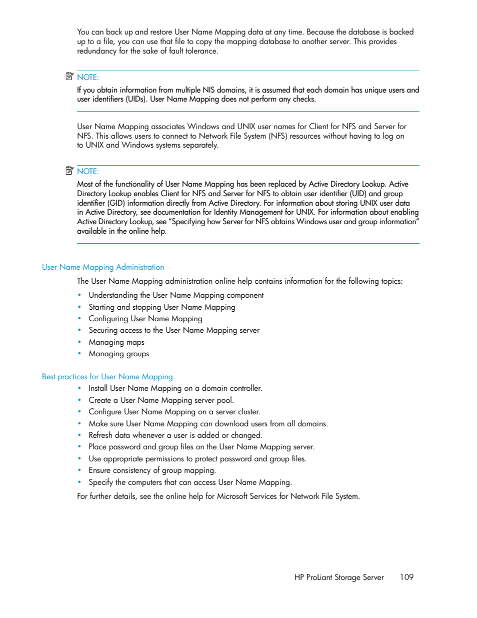 User name mapping administration, Best practices for user name mapping | HP ProLiant DL160 G5 Storage-Server User Manual | Page 109 / 174