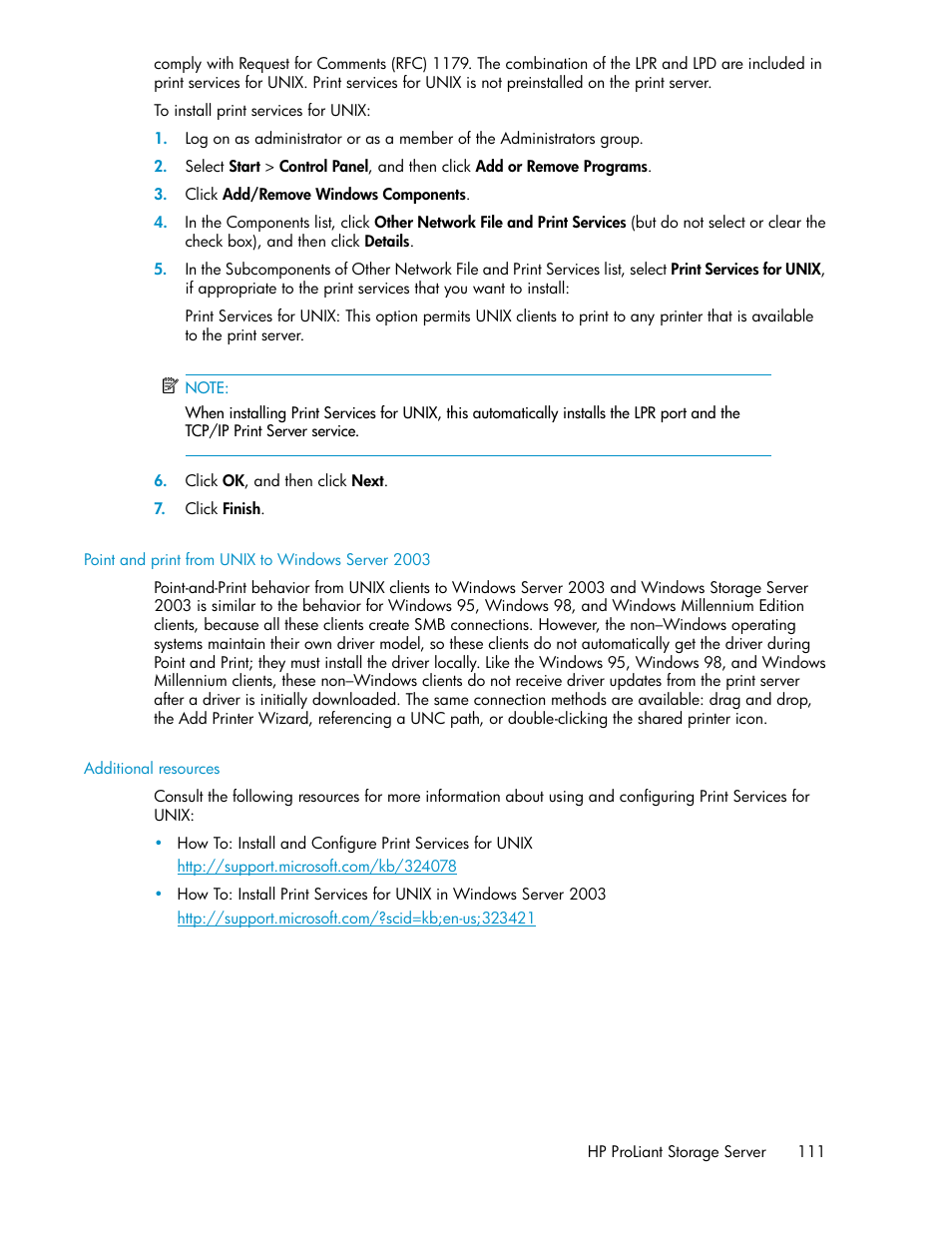 Point and print from unix to windows server 2003, Additional resources | HP ProLiant DL160 G5 Storage-Server User Manual | Page 111 / 174