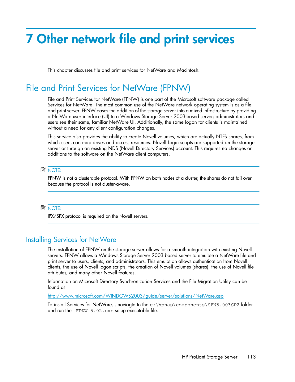 7 other network file and print services, File and print services for netware (fpnw), Installing services for netware | HP ProLiant DL160 G5 Storage-Server User Manual | Page 113 / 174