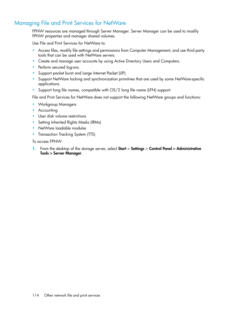 Managing file and print services for netware | HP ProLiant DL160 G5 Storage-Server User Manual | Page 114 / 174