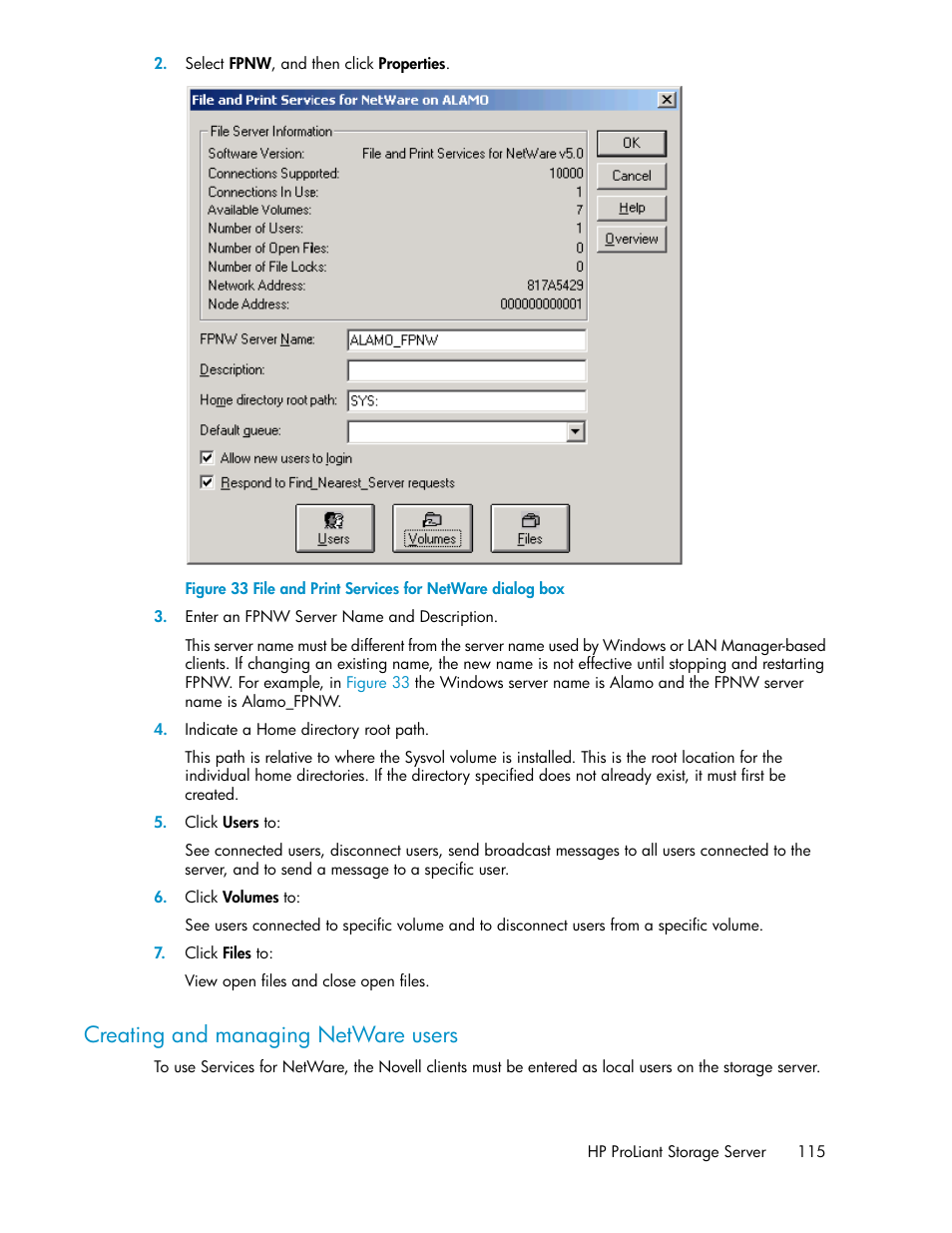 Creating and managing netware users, File and print services for netware dialog box | HP ProLiant DL160 G5 Storage-Server User Manual | Page 115 / 174