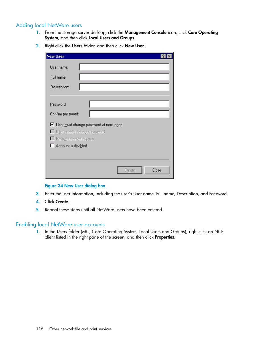 Adding local netware users, Enabling local netware user accounts, 116 enabling local netware user accounts | New user dialog box | HP ProLiant DL160 G5 Storage-Server User Manual | Page 116 / 174