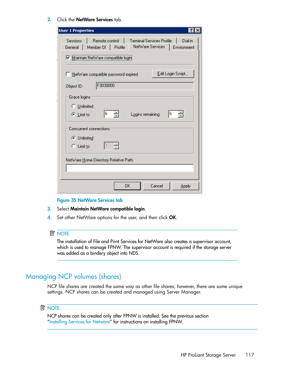 Managing ncp volumes (shares), Netware services tab | HP ProLiant DL160 G5 Storage-Server User Manual | Page 117 / 174