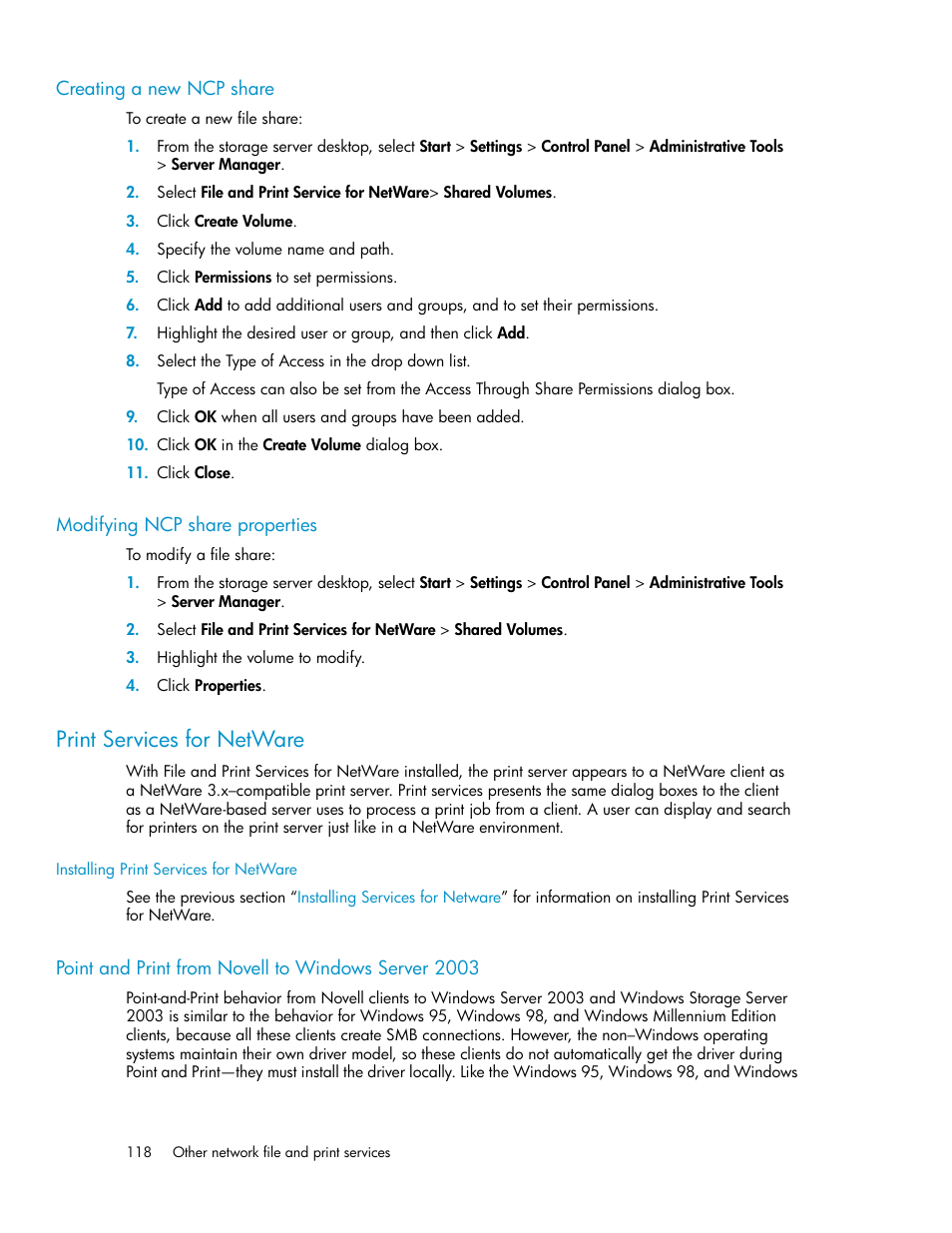 Creating a new ncp share, Modifying ncp share properties, Print services for netware | Point and print from novell to windows server 2003, 118 modifying ncp share properties | HP ProLiant DL160 G5 Storage-Server User Manual | Page 118 / 174