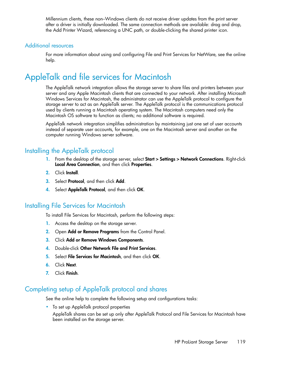 Additional resources, Appletalk and file services for macintosh, Installing the appletalk protocol | Installing file services for macintosh, Completing setup of appletalk protocol and shares, 119 installing file services for macintosh | HP ProLiant DL160 G5 Storage-Server User Manual | Page 119 / 174