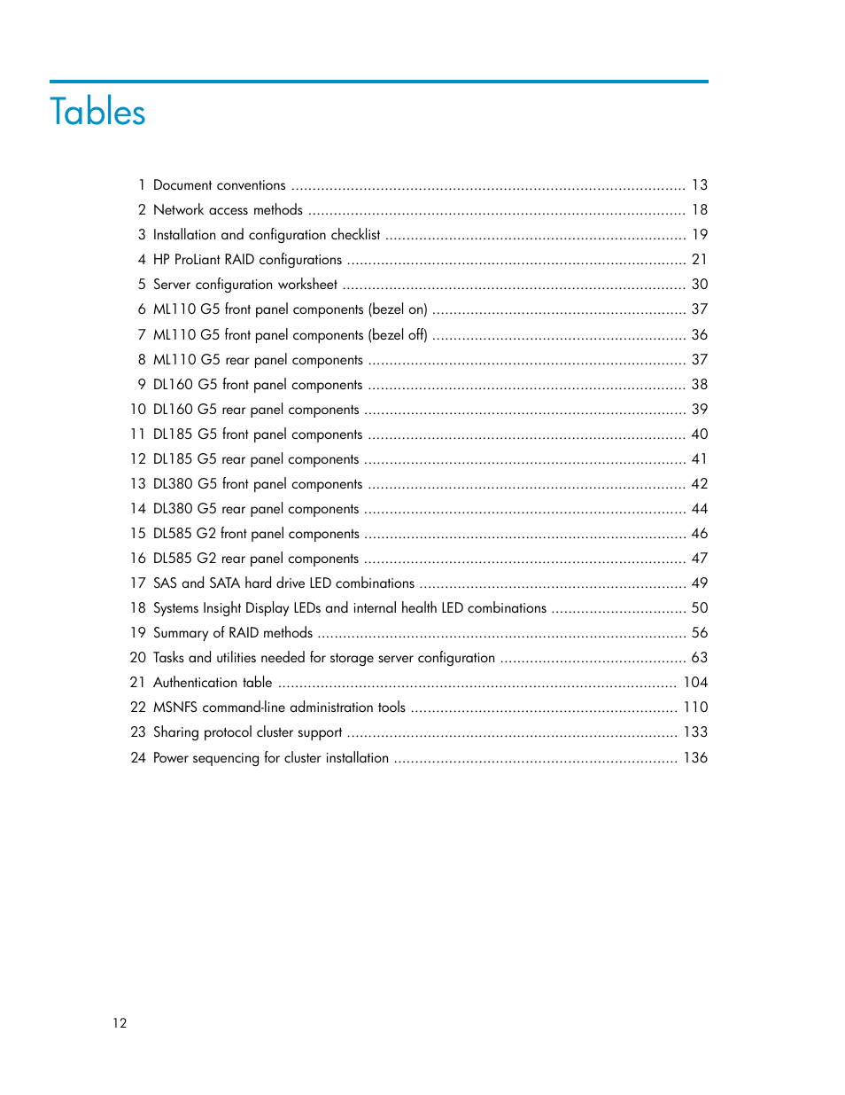 Tables | HP ProLiant DL160 G5 Storage-Server User Manual | Page 12 / 174