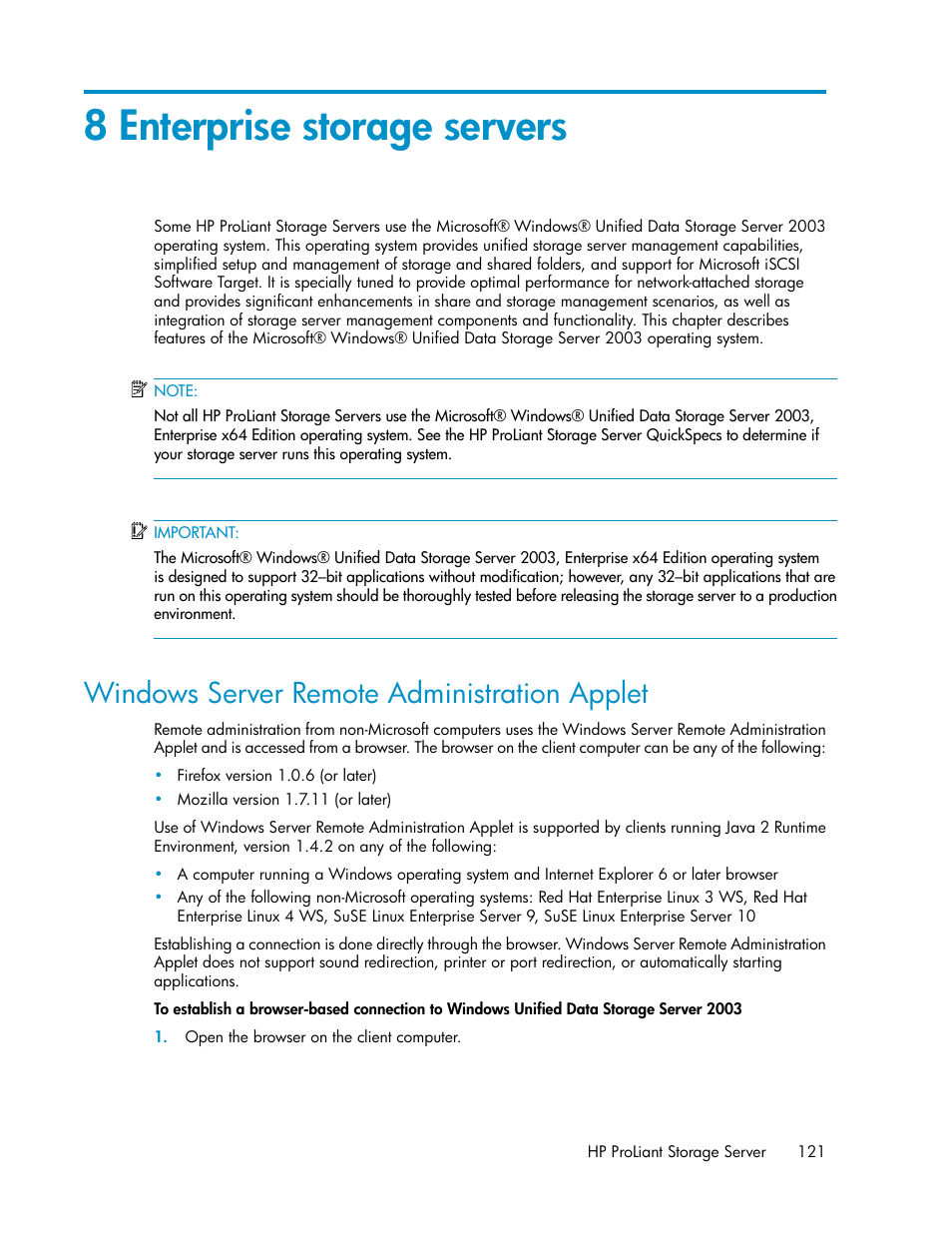 8 enterprise storage servers, Windows server remote administration applet | HP ProLiant DL160 G5 Storage-Server User Manual | Page 121 / 174