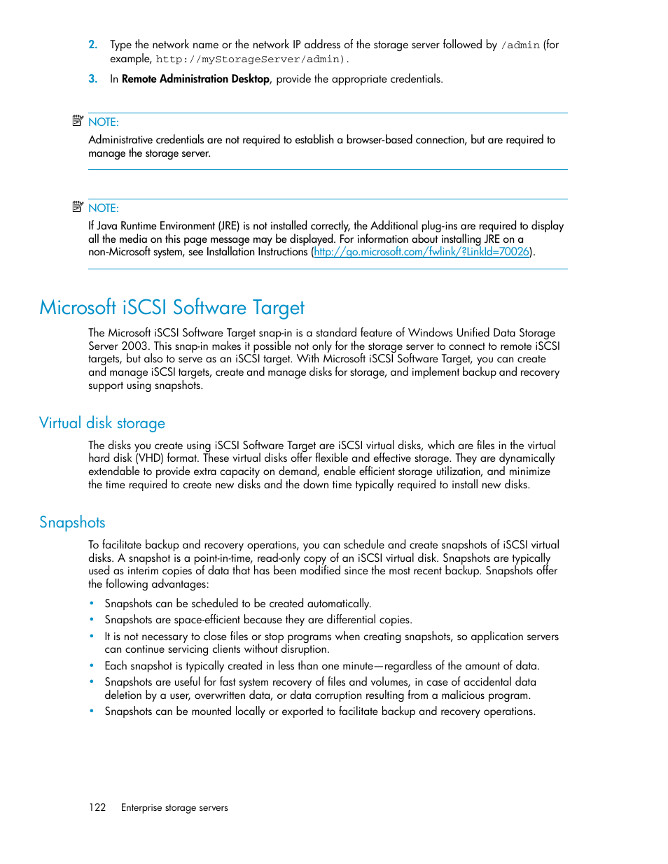 Microsoft iscsi software target, Virtual disk storage, Snapshots | 122 snapshots | HP ProLiant DL160 G5 Storage-Server User Manual | Page 122 / 174