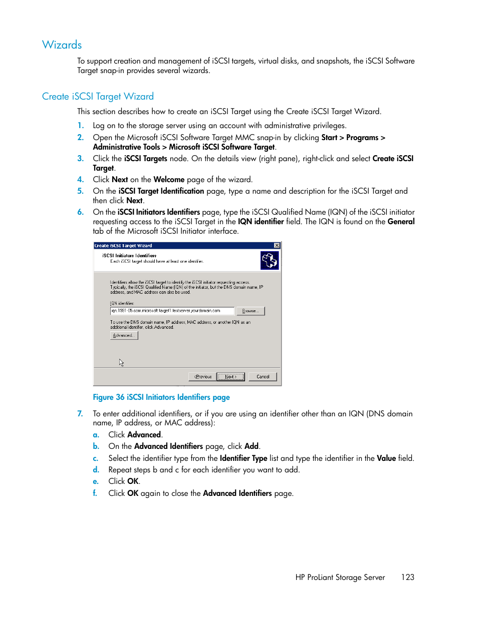 Wizards, Create iscsi target wizard | HP ProLiant DL160 G5 Storage-Server User Manual | Page 123 / 174