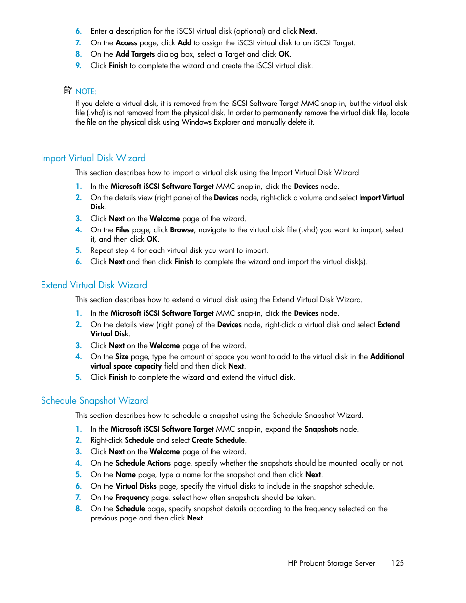 Import virtual disk wizard, Extend virtual disk wizard, Schedule snapshot wizard | 125 schedule snapshot wizard | HP ProLiant DL160 G5 Storage-Server User Manual | Page 125 / 174