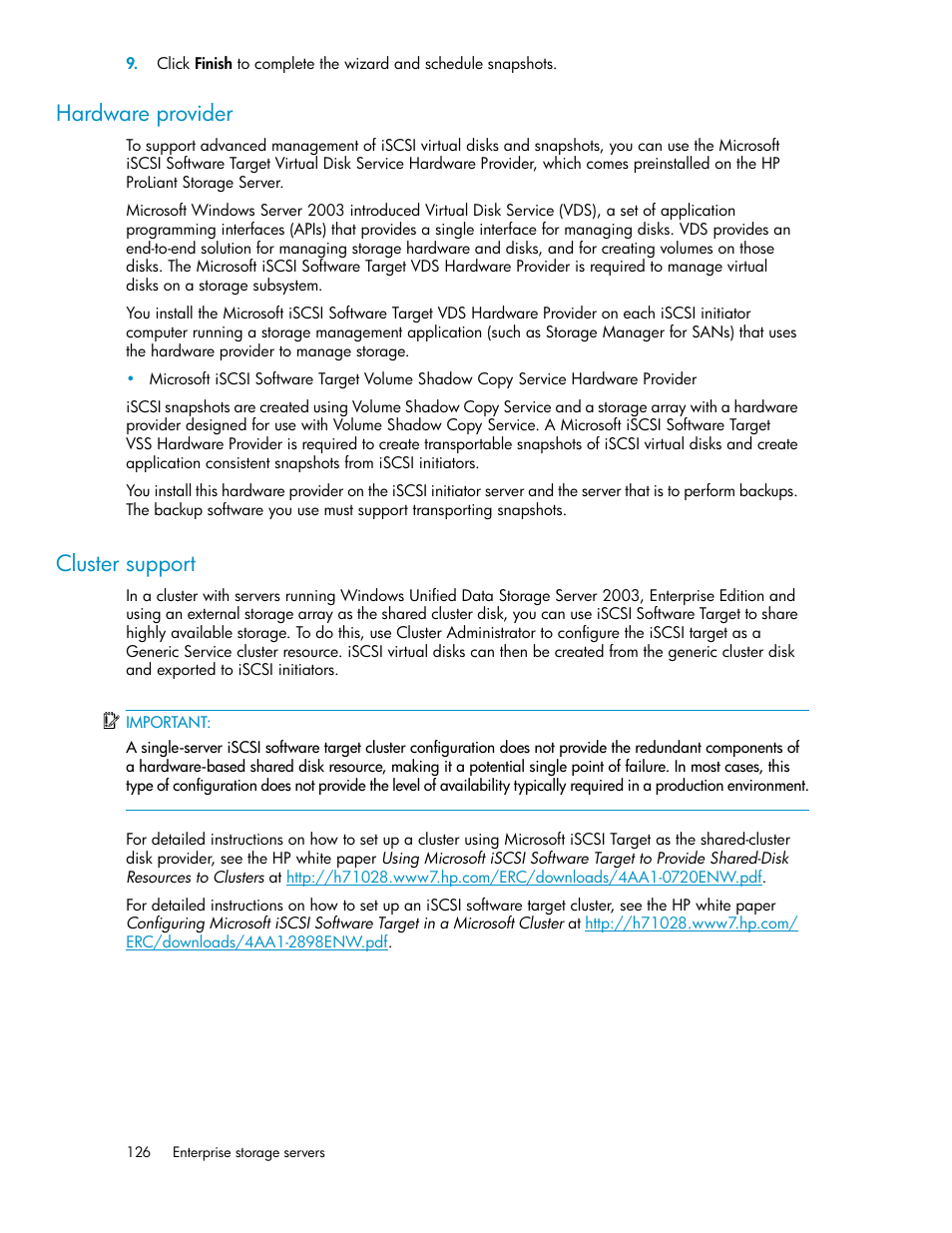 Hardware provider, Cluster support, 126 cluster support | HP ProLiant DL160 G5 Storage-Server User Manual | Page 126 / 174