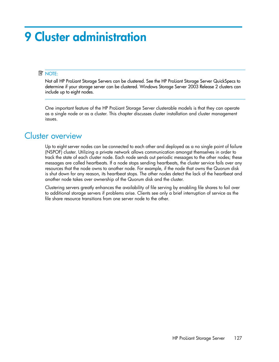 9 cluster administration, Cluster overview | HP ProLiant DL160 G5 Storage-Server User Manual | Page 127 / 174