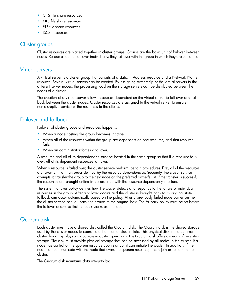 Cluster groups, Virtual servers, Failover and failback | Quorum disk, 129 virtual servers, 129 failover and failback, 129 quorum disk | HP ProLiant DL160 G5 Storage-Server User Manual | Page 129 / 174