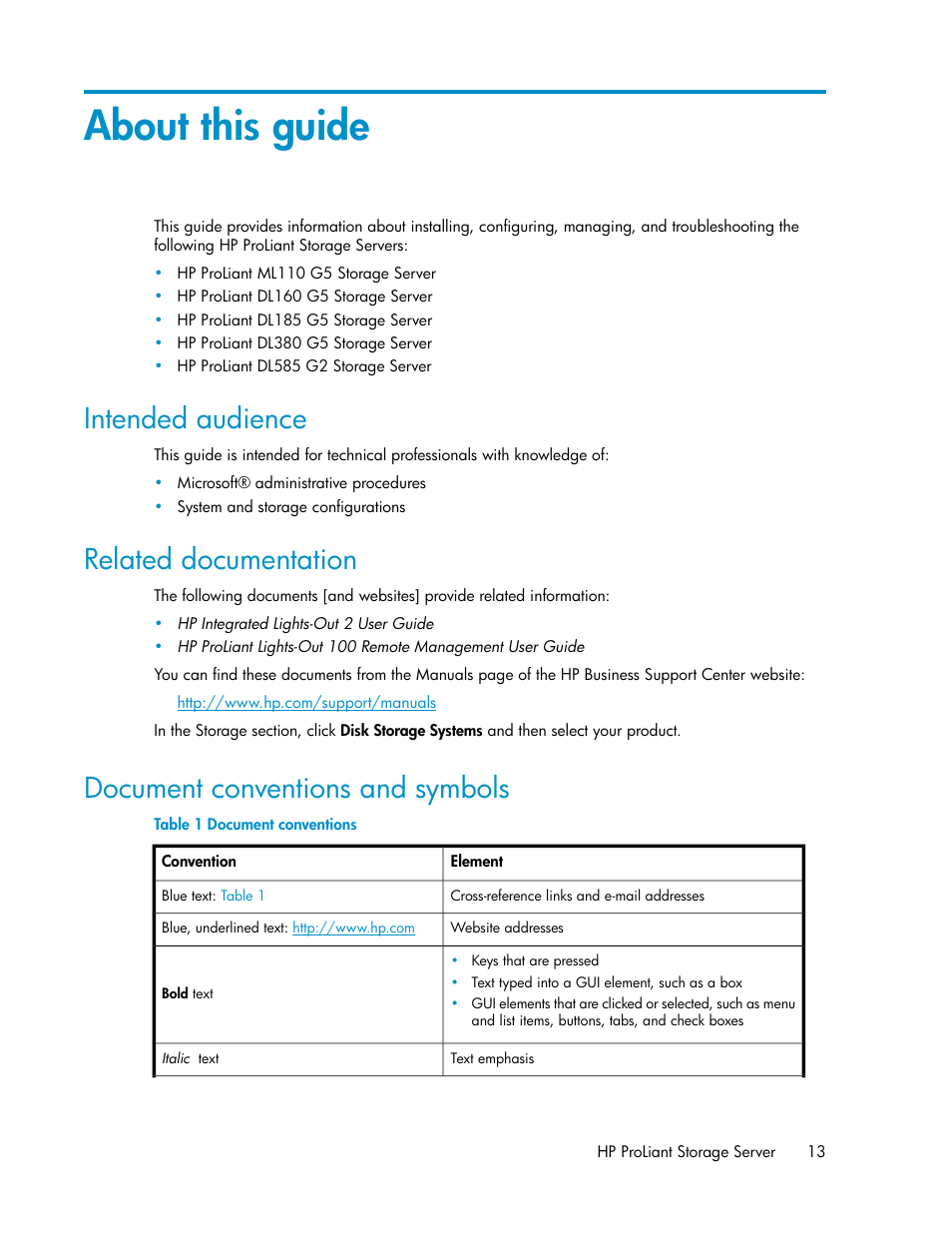 About this guide, Intended audience, Related documentation | Document conventions and symbols, 13 related documentation, 13 document conventions and symbols, Document conventions | HP ProLiant DL160 G5 Storage-Server User Manual | Page 13 / 174