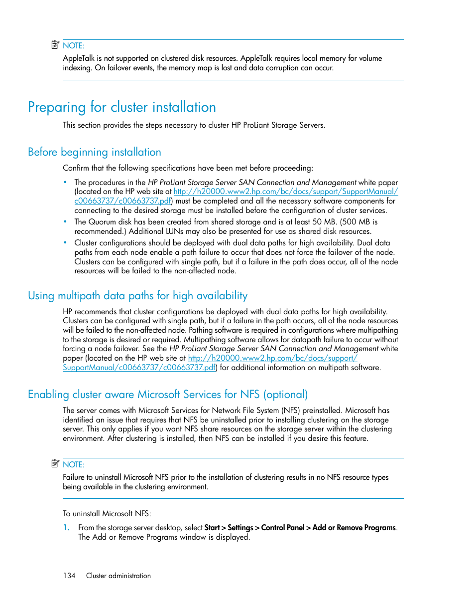 Preparing for cluster installation, Before beginning installation, Using multipath data paths for high availability | HP ProLiant DL160 G5 Storage-Server User Manual | Page 134 / 174