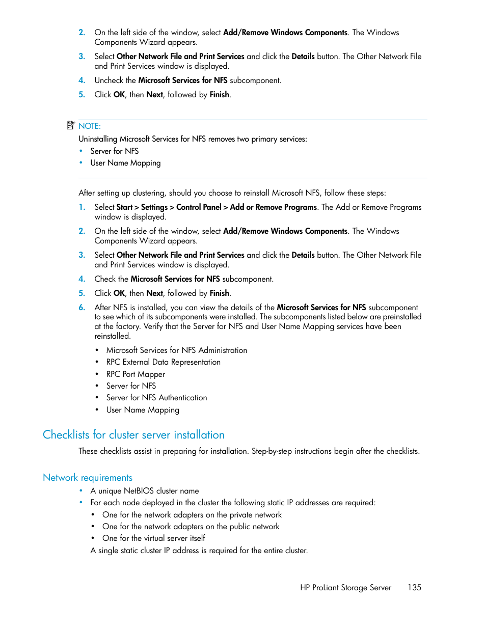 Checklists for cluster server installation, Network requirements | HP ProLiant DL160 G5 Storage-Server User Manual | Page 135 / 174