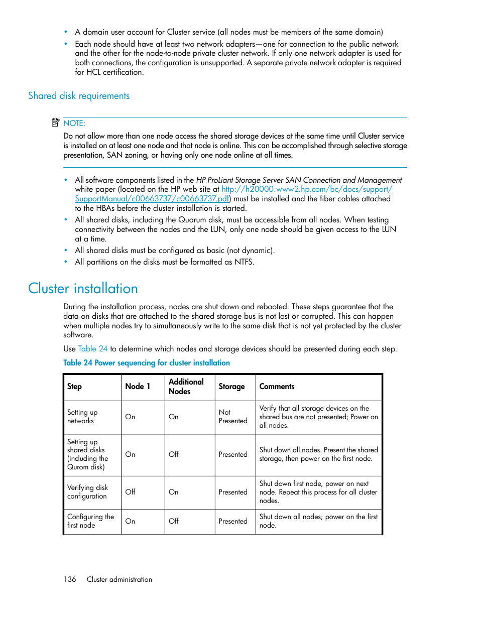 Shared disk requirements, Cluster installation, Power sequencing for cluster installation | HP ProLiant DL160 G5 Storage-Server User Manual | Page 136 / 174