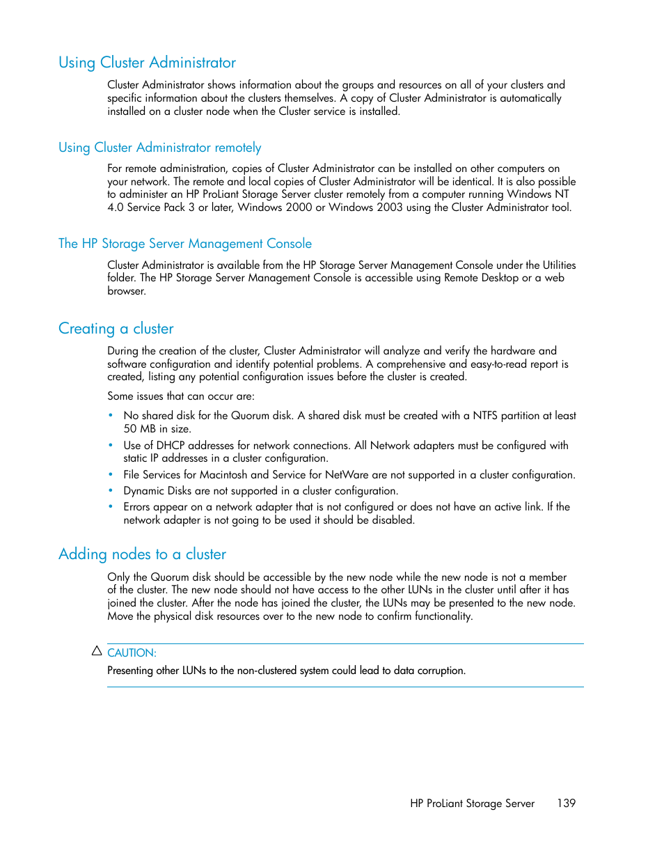 Using cluster administrator, Using cluster administrator remotely, The hp storage server management console | Creating a cluster, Adding nodes to a cluster, 139 the hp storage server management console, 139 adding nodes to a cluster | HP ProLiant DL160 G5 Storage-Server User Manual | Page 139 / 174