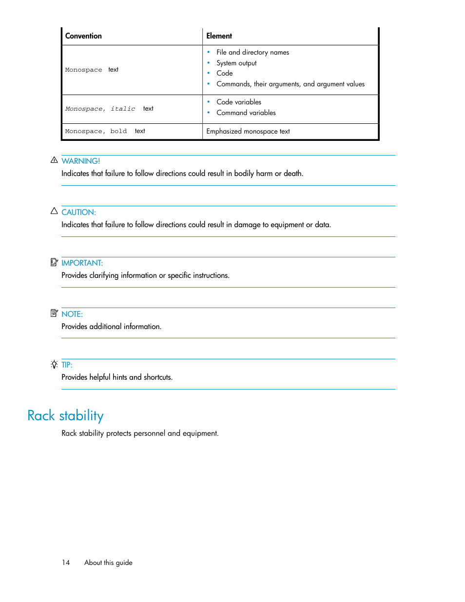 Rack stability | HP ProLiant DL160 G5 Storage-Server User Manual | Page 14 / 174