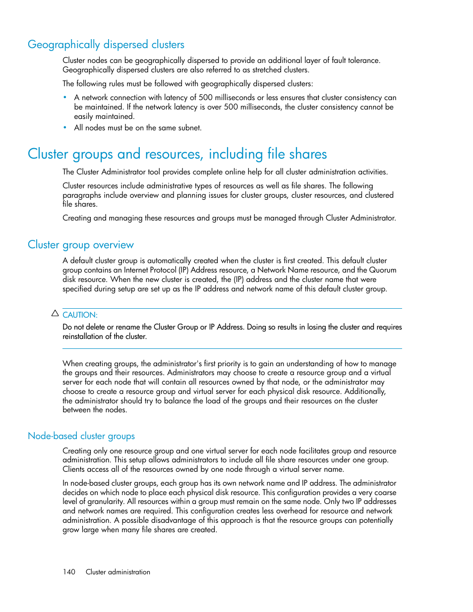 Geographically dispersed clusters, Cluster group overview, Node-based cluster groups | HP ProLiant DL160 G5 Storage-Server User Manual | Page 140 / 174