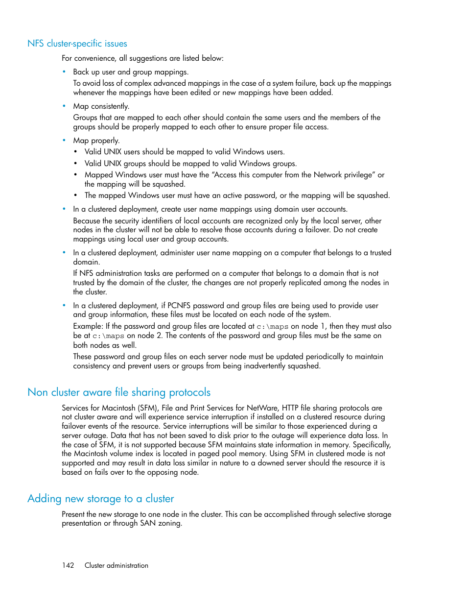 Nfs cluster-specific issues, Non cluster aware file sharing protocols, Adding new storage to a cluster | 142 adding new storage to a cluster | HP ProLiant DL160 G5 Storage-Server User Manual | Page 142 / 174