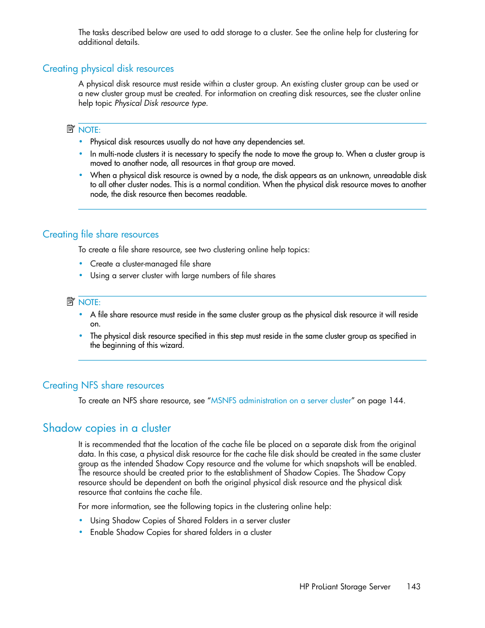 Creating physical disk resources, Creating file share resources, Creating nfs share resources | Shadow copies in a cluster, 143 creating file share resources, 143 creating nfs share resources | HP ProLiant DL160 G5 Storage-Server User Manual | Page 143 / 174