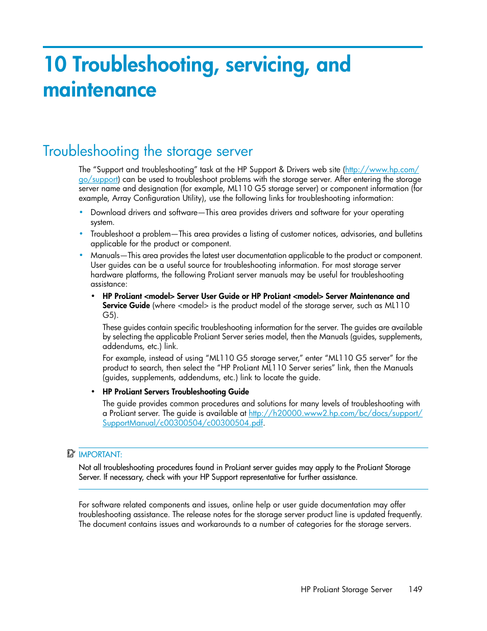 10 troubleshooting, servicing, and maintenance, Troubleshooting the storage server | HP ProLiant DL160 G5 Storage-Server User Manual | Page 149 / 174