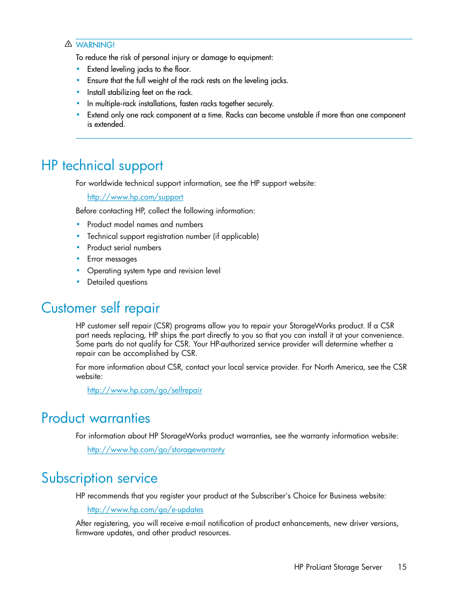 Hp technical support, Customer self repair, Product warranties | Subscription service, 15 customer self repair, 15 product warranties, 15 subscription service | HP ProLiant DL160 G5 Storage-Server User Manual | Page 15 / 174