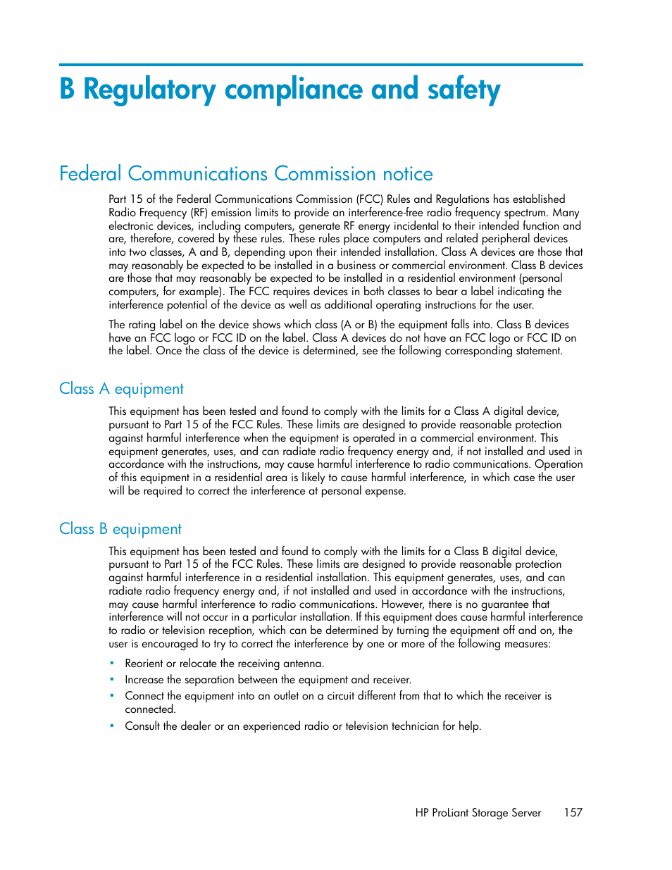 B regulatory compliance and safety, Federal communications commission notice, Class a equipment | Class b equipment, 157 class b equipment | HP ProLiant DL160 G5 Storage-Server User Manual | Page 157 / 174