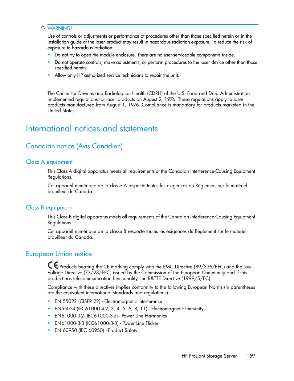International notices and statements, Canadian notice (avis canadien), Class a equipment | Class b equipment, European union notice, 159 class b equipment | HP ProLiant DL160 G5 Storage-Server User Manual | Page 159 / 174