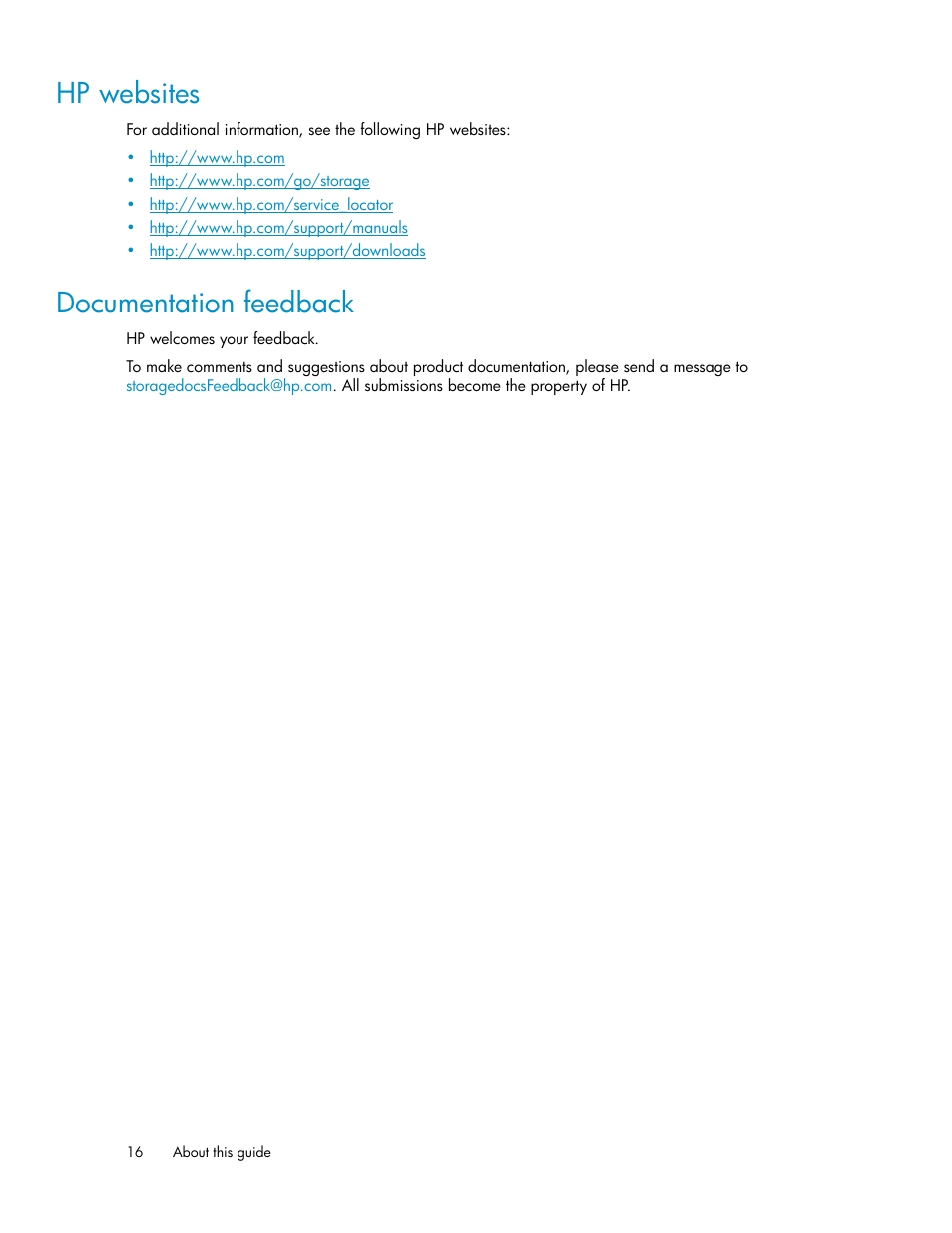 Hp websites, Documentation feedback, 16 documentation feedback | HP ProLiant DL160 G5 Storage-Server User Manual | Page 16 / 174