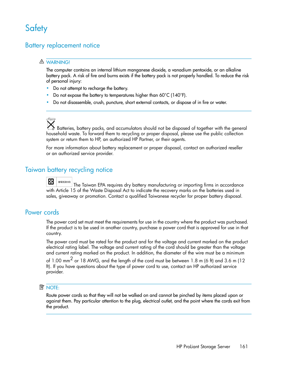 Safety, Battery replacement notice, Taiwan battery recycling notice | Power cords, 161 taiwan battery recycling notice, 161 power cords | HP ProLiant DL160 G5 Storage-Server User Manual | Page 161 / 174