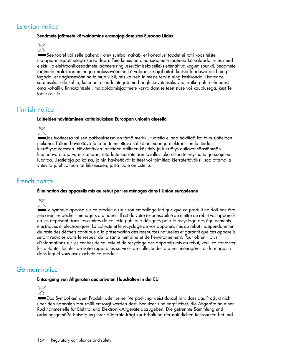 Estonian notice, Finnish notice, French notice | German notice, 164 finnish notice, 164 french notice, 164 german notice | HP ProLiant DL160 G5 Storage-Server User Manual | Page 164 / 174