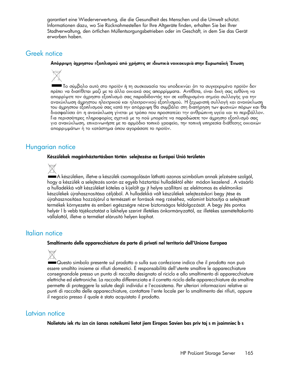 Greek notice, Hungarian notice, Italian notice | Latvian notice, 165 hungarian notice, 165 italian notice, 165 latvian notice, Greek notice hungarian notice | HP ProLiant DL160 G5 Storage-Server User Manual | Page 165 / 174