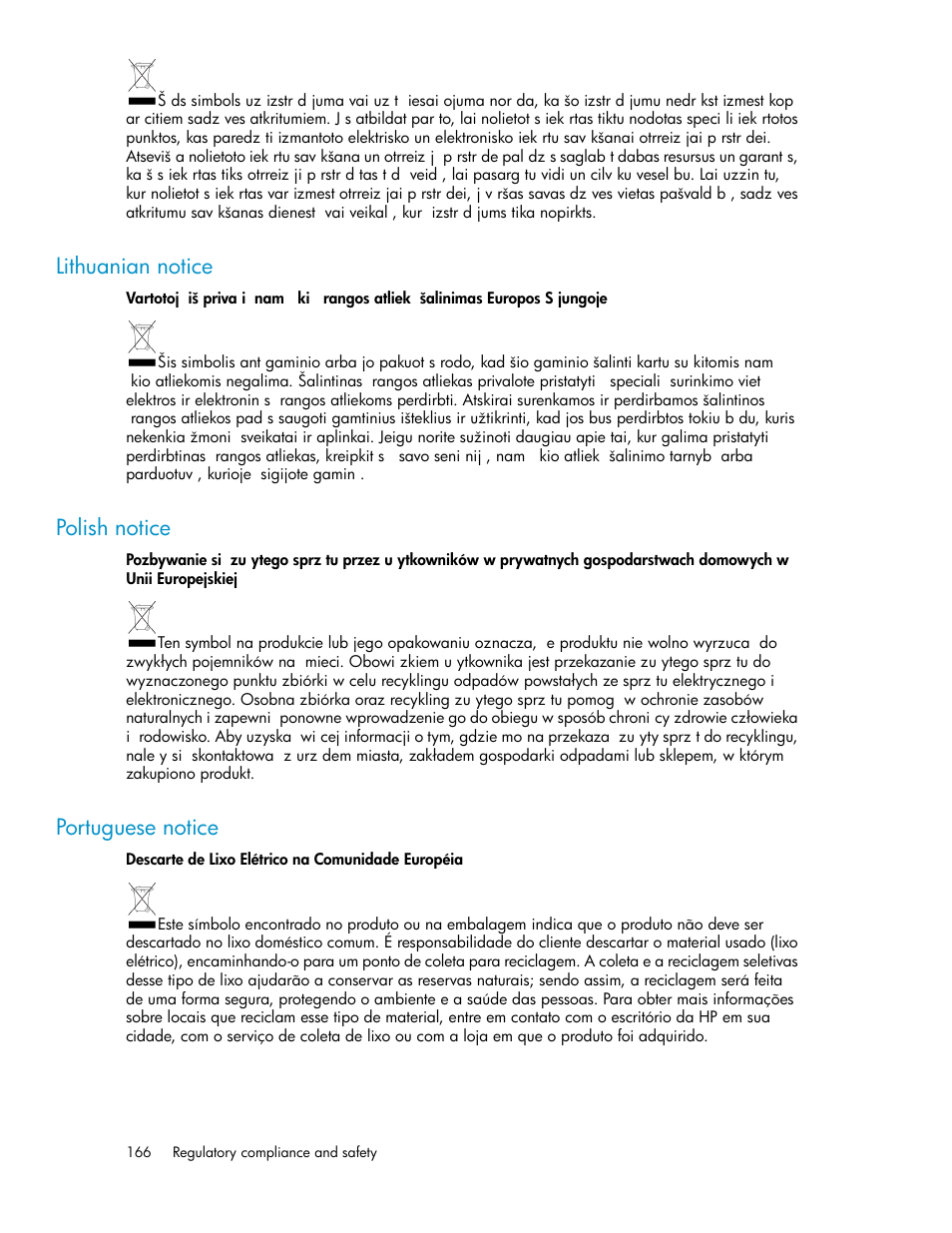 Lithuanian notice, Polish notice, Portuguese notice | 166 polish notice, 166 portuguese notice | HP ProLiant DL160 G5 Storage-Server User Manual | Page 166 / 174