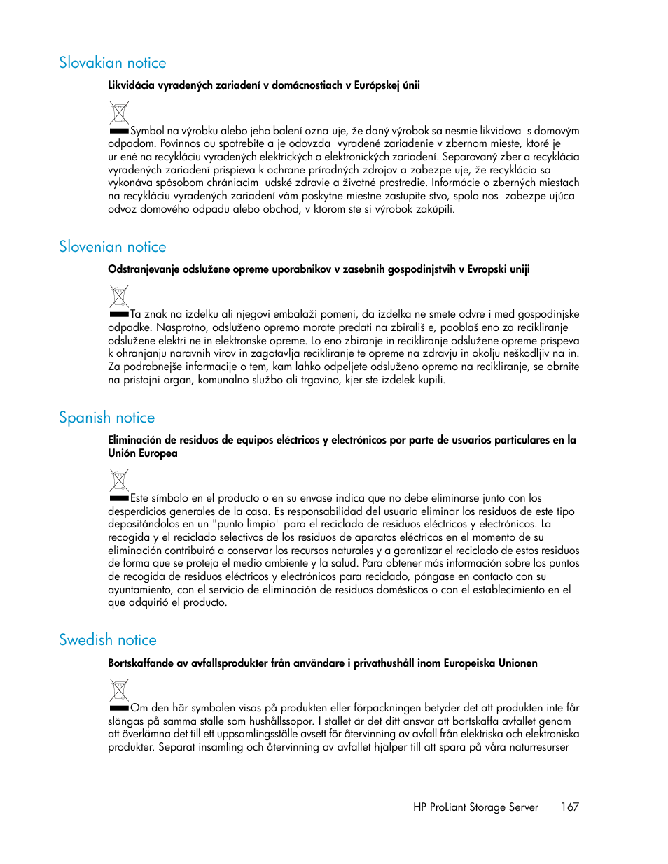 Slovakian notice, Slovenian notice, Spanish notice | Swedish notice, 167 slovenian notice, 167 spanish notice, 167 swedish notice | HP ProLiant DL160 G5 Storage-Server User Manual | Page 167 / 174