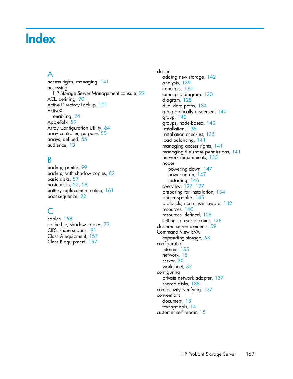 Index | HP ProLiant DL160 G5 Storage-Server User Manual | Page 169 / 174