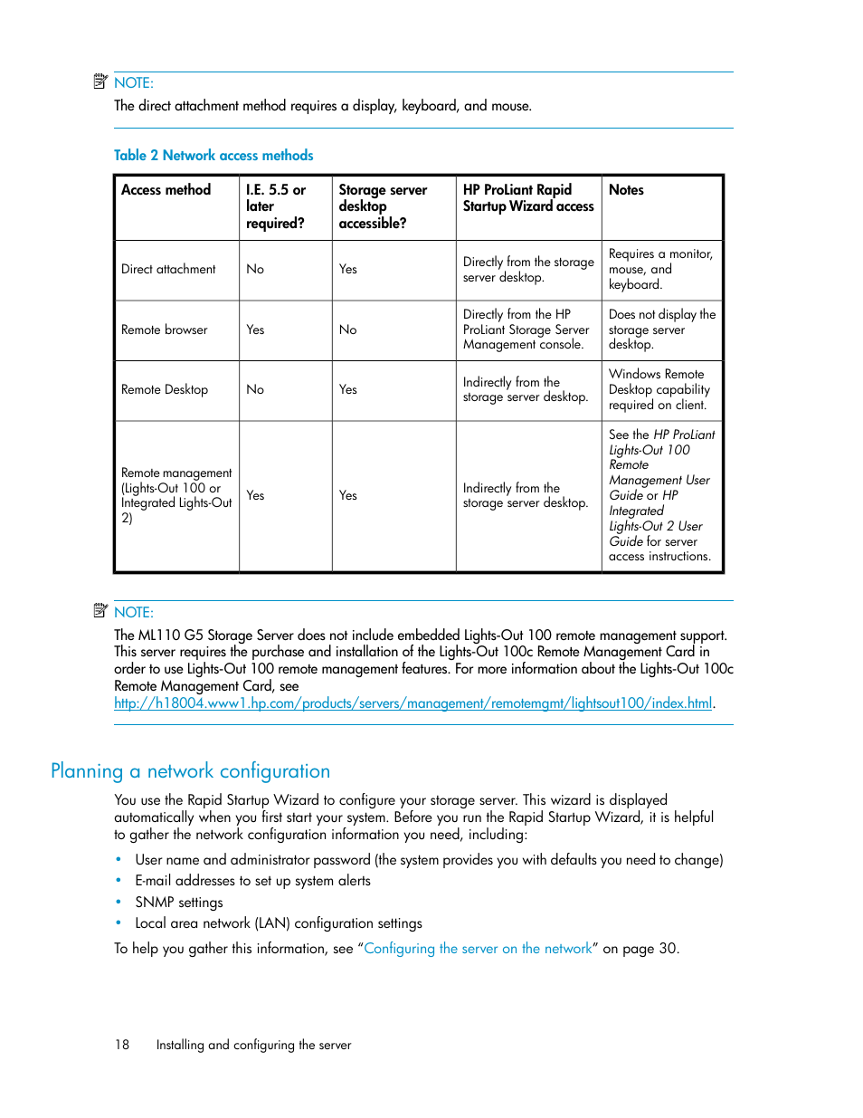 Planning a network configuration, Network access methods | HP ProLiant DL160 G5 Storage-Server User Manual | Page 18 / 174