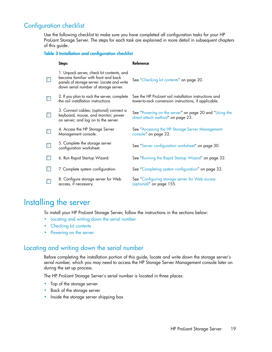 Configuration checklist, Installing the server, Locating and writing down the serial number | Installation and configuration checklist | HP ProLiant DL160 G5 Storage-Server User Manual | Page 19 / 174