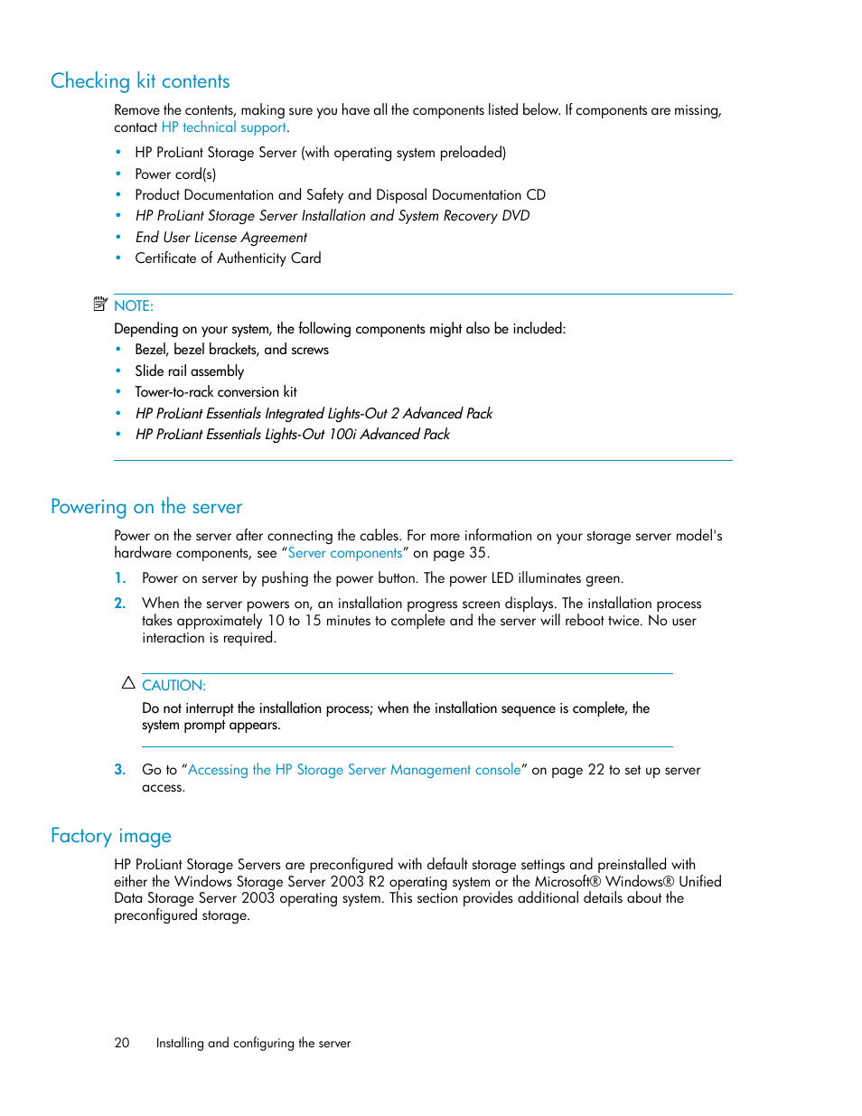 Checking kit contents, Powering on the server, Factory image | 20 powering on the server, 20 factory image | HP ProLiant DL160 G5 Storage-Server User Manual | Page 20 / 174