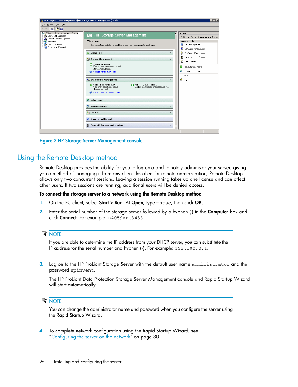 Using the remote desktop method, Hp storage server management console, Figure 2 | HP ProLiant DL160 G5 Storage-Server User Manual | Page 26 / 174