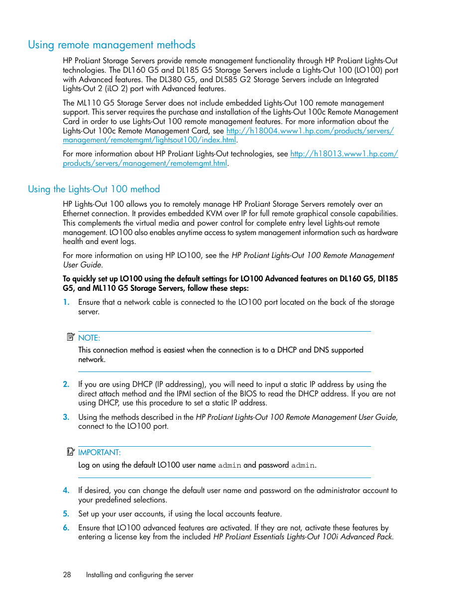 Using remote management methods, Using the lights-out 100 method | HP ProLiant DL160 G5 Storage-Server User Manual | Page 28 / 174
